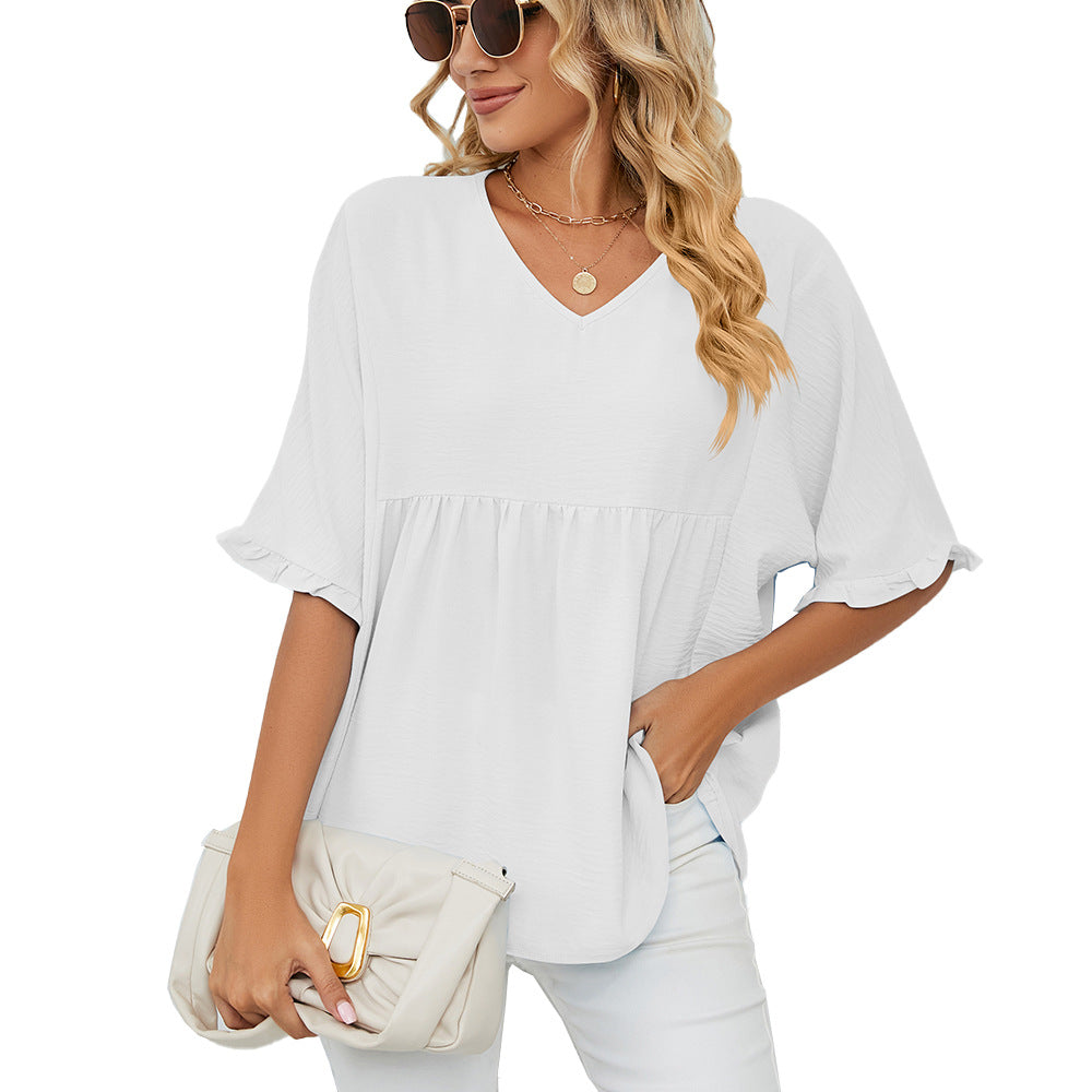 Women's Summer Solid Color Loose Pleated Stitching Half Lace Shirt, Chiffon Shirt