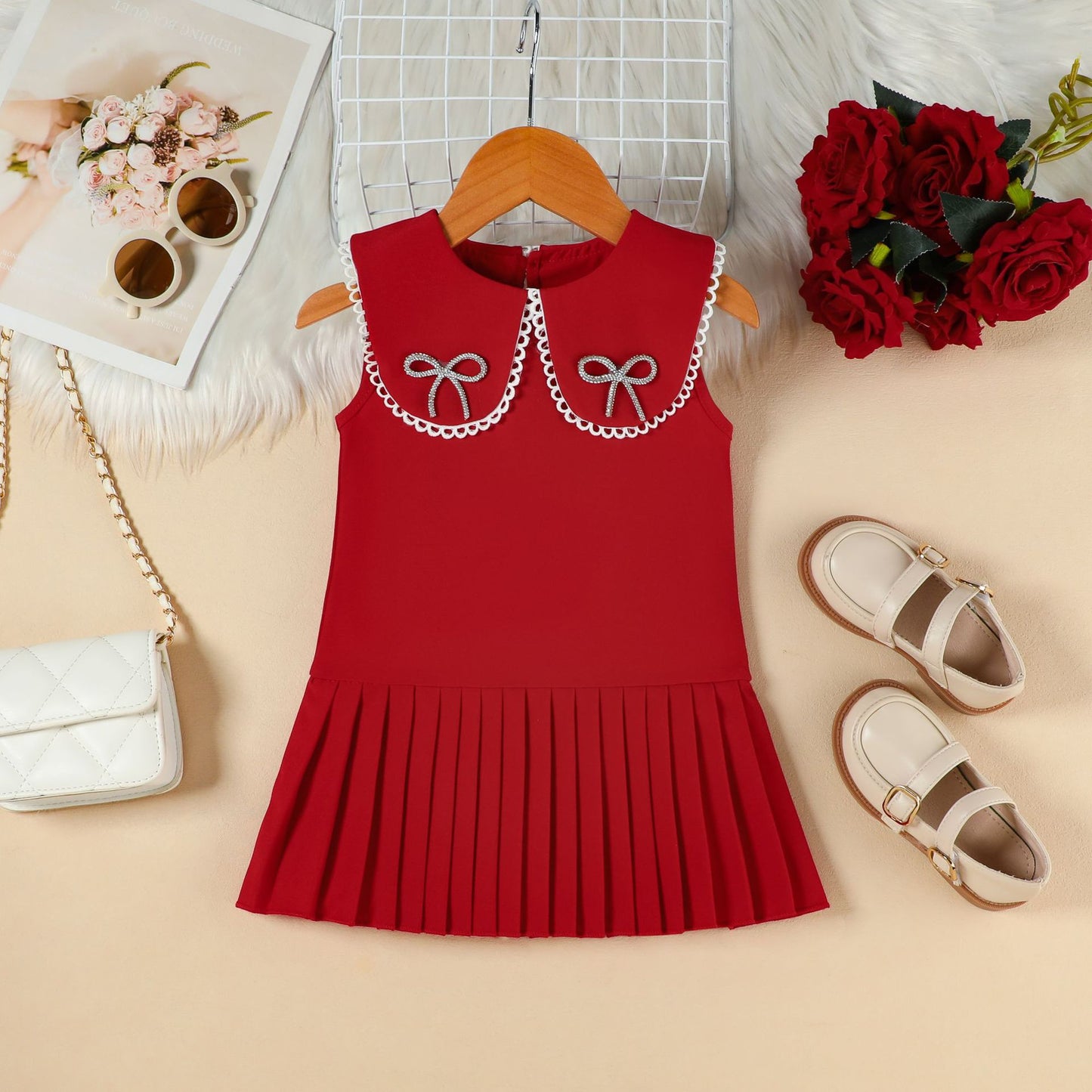 Summer Fashionable Collar Bow Diamond Sleeveless Pleated Skirt Sweet Children's Dress