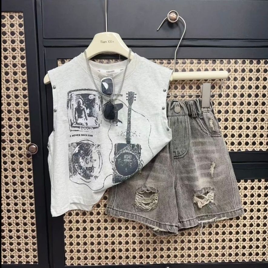 Children's Korean Printed Top Two-piece Fashionable Handsome Children's Suit