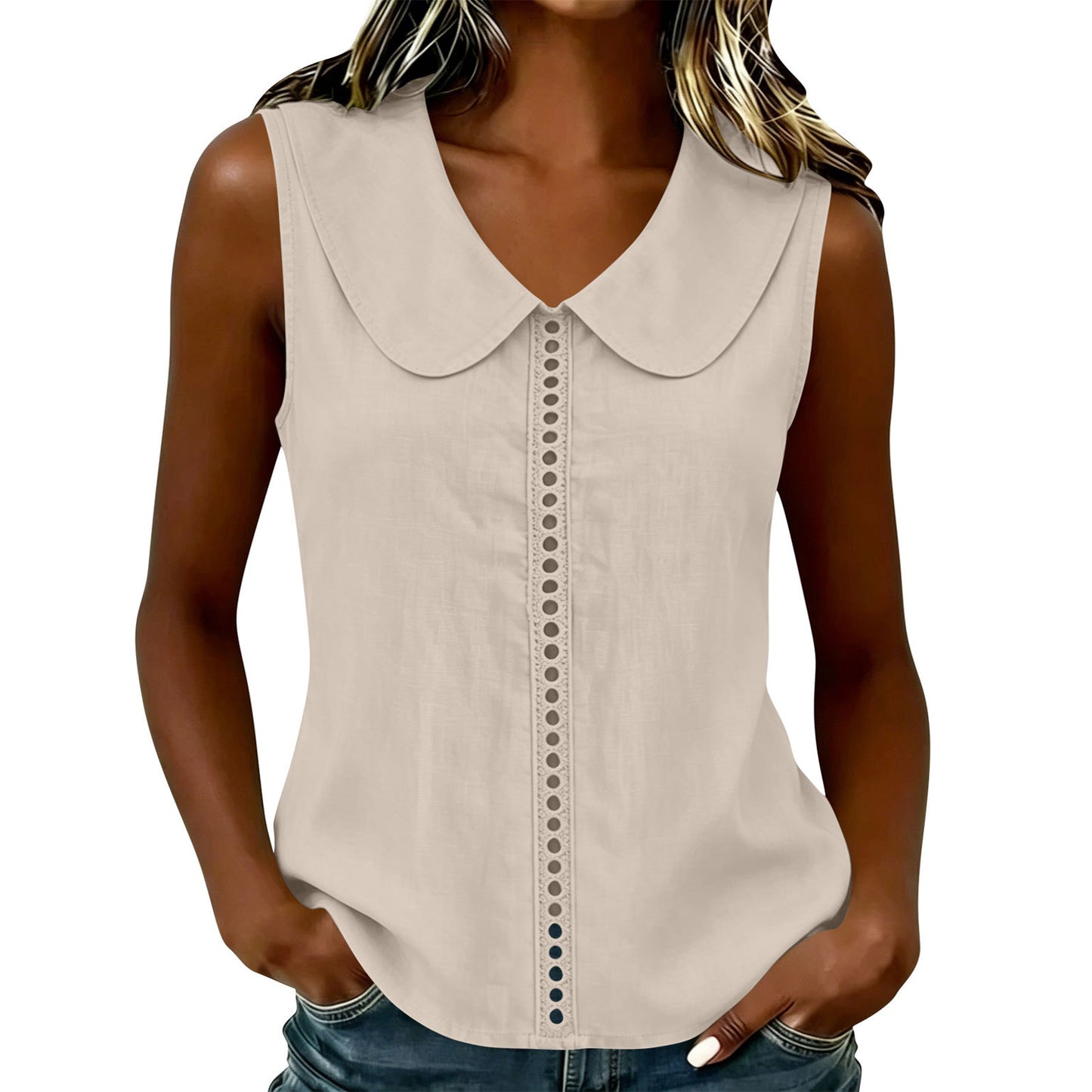 Summer Loose Lapel Lace Stitching Casual Sleeveless Small Vest/suspenders/tube Top