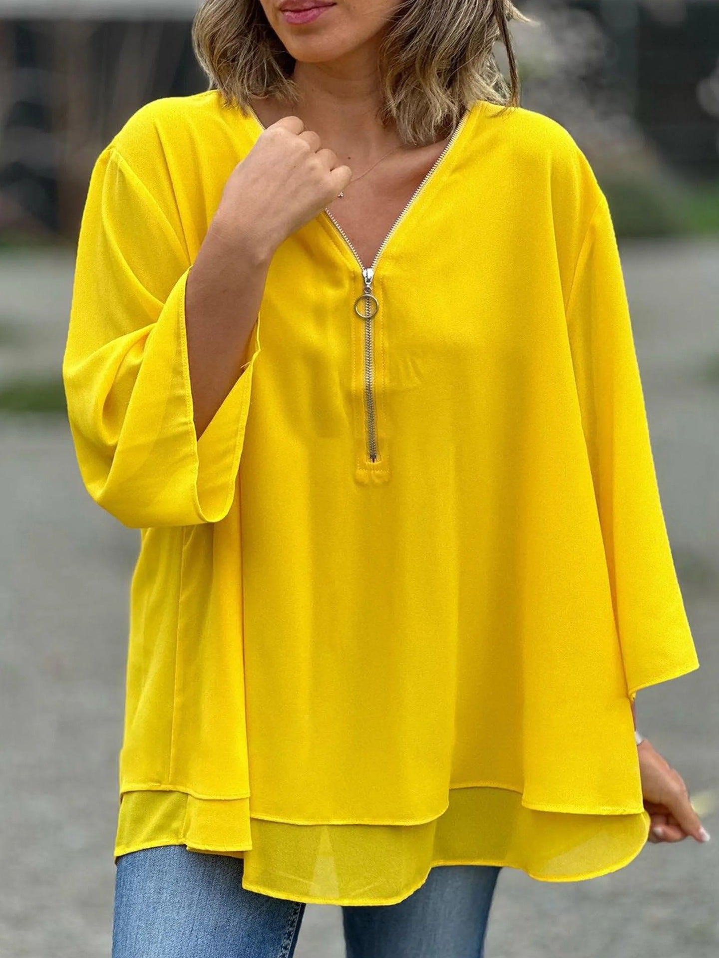Classy Sleeves Casual Metal Zipper Loose Lace Shirt, Chiffon Shirt