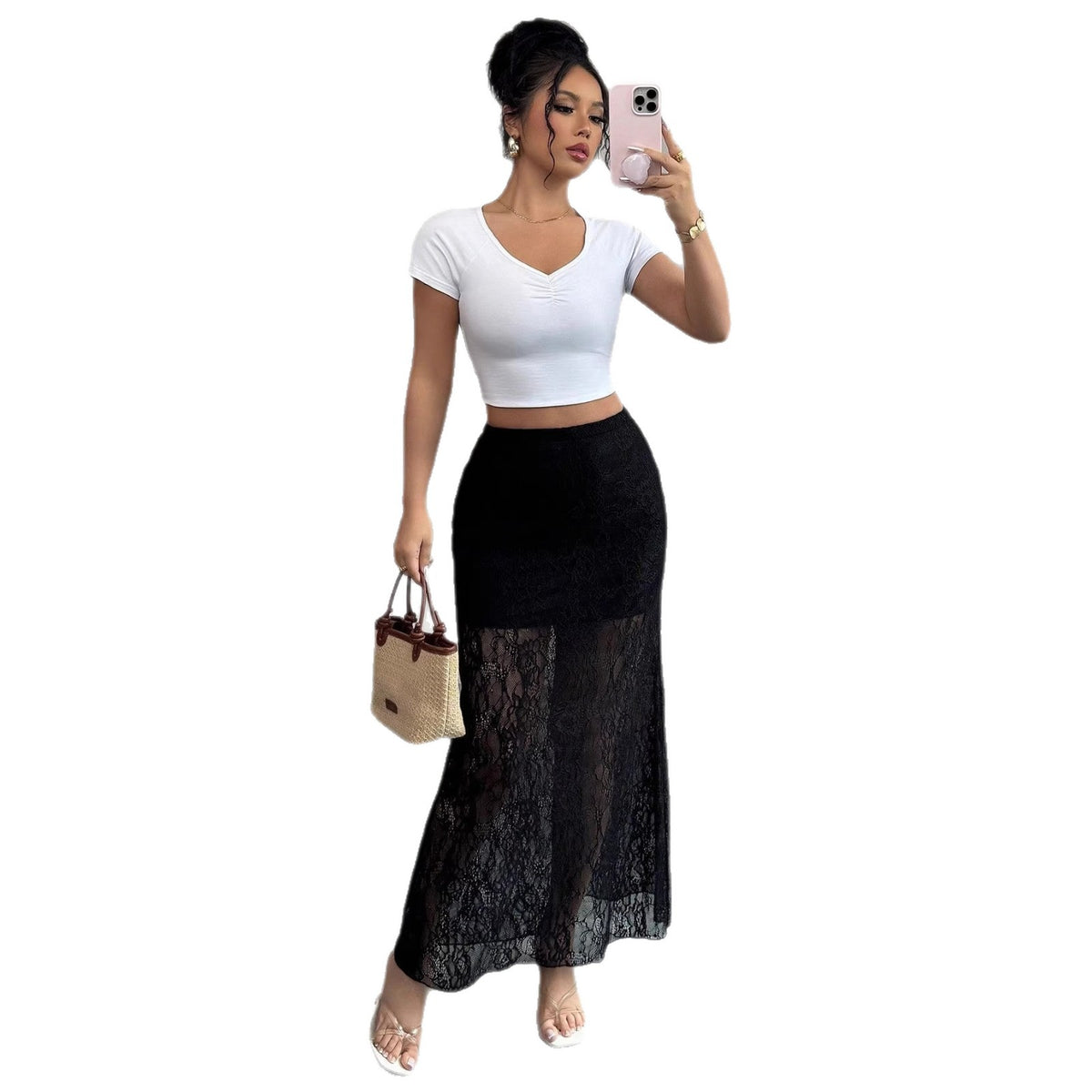 Women's Western Style Fashionable Black Lace Slimming Mop Dress Clothing