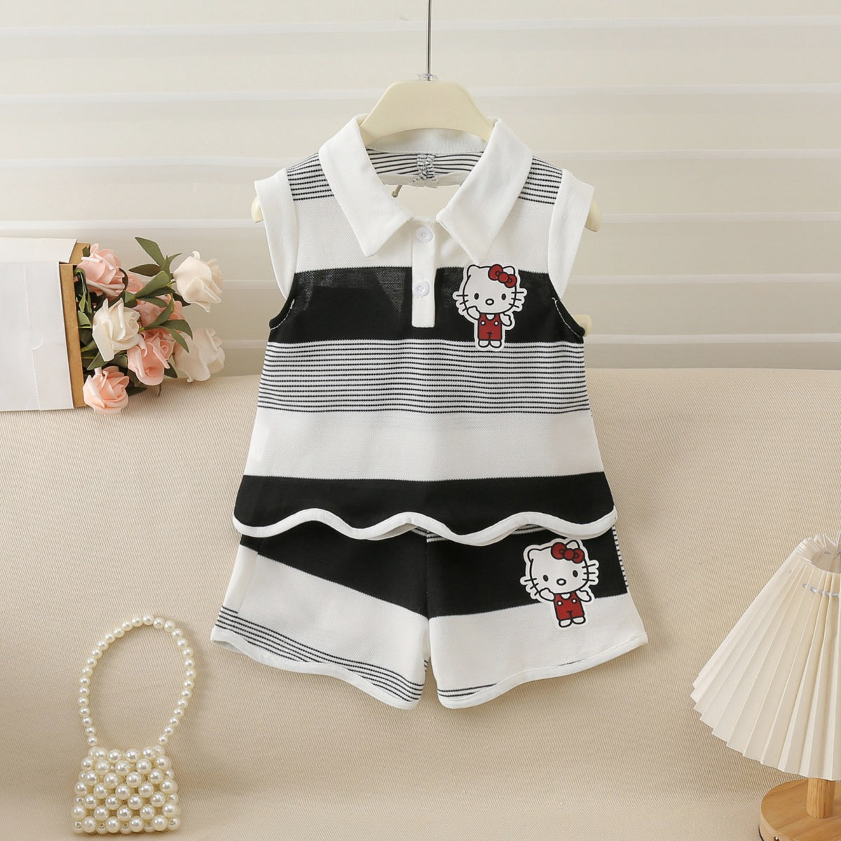 Children's Summer Sweet Cute Medium Big Western Style Striped Love Children's Suit