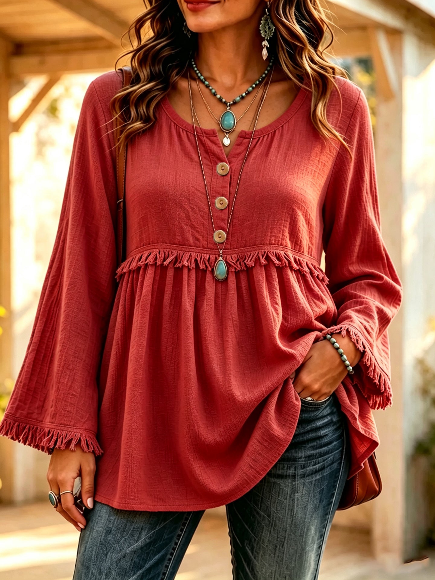 Women's Casual Loose Button Fashion Tassel Solid Color Tops