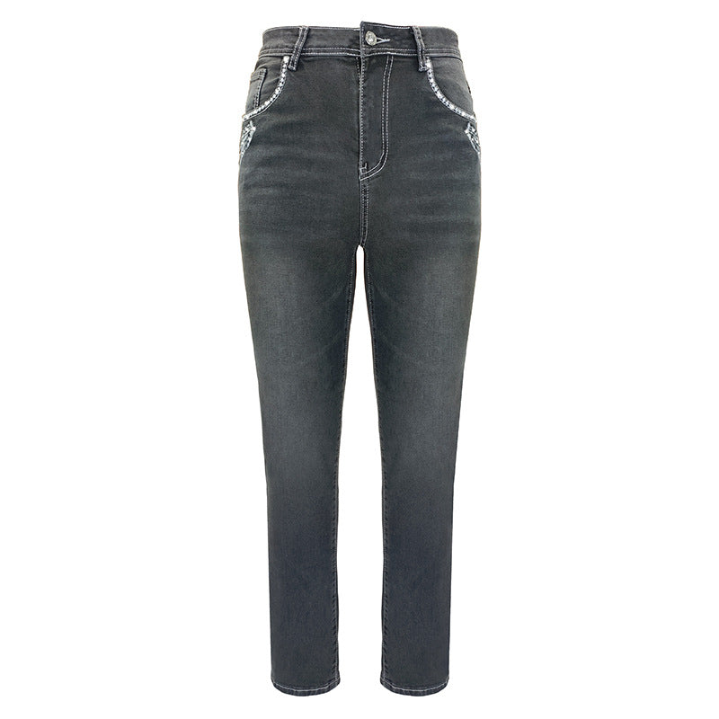 Women's Embroidered Skull Hot Rhinestone Stretch Slim Fit Slimming Small Denim Pants