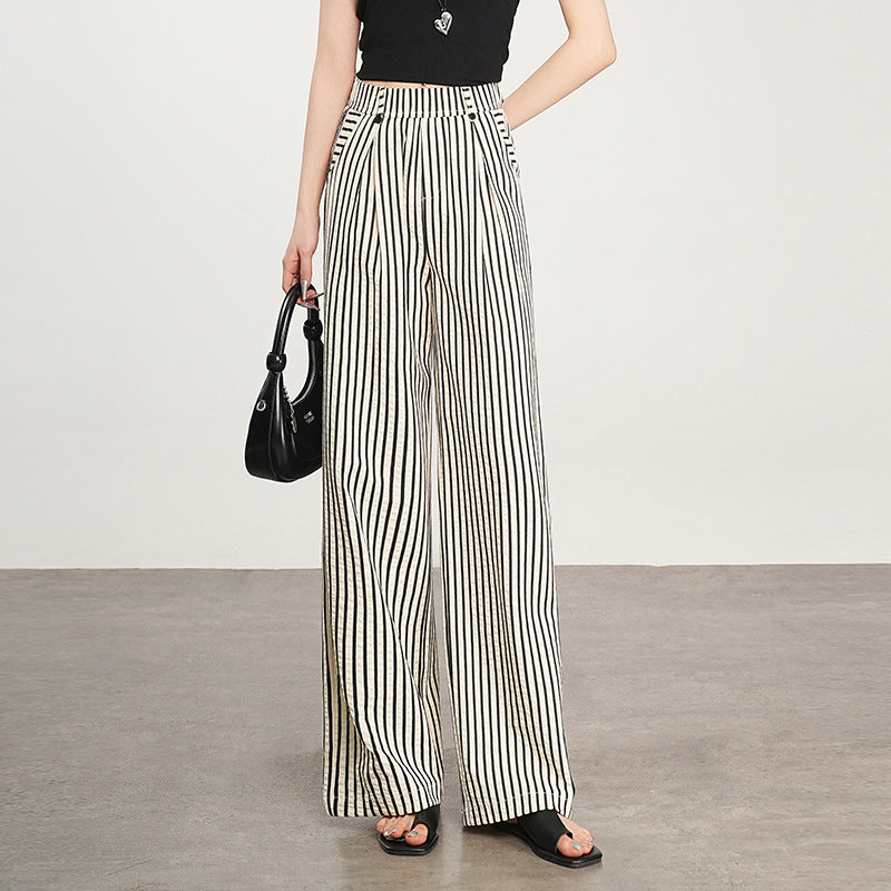 Women's Vertical Stripes Ice Silk Leisure High Waist Loose Small Casual Pants