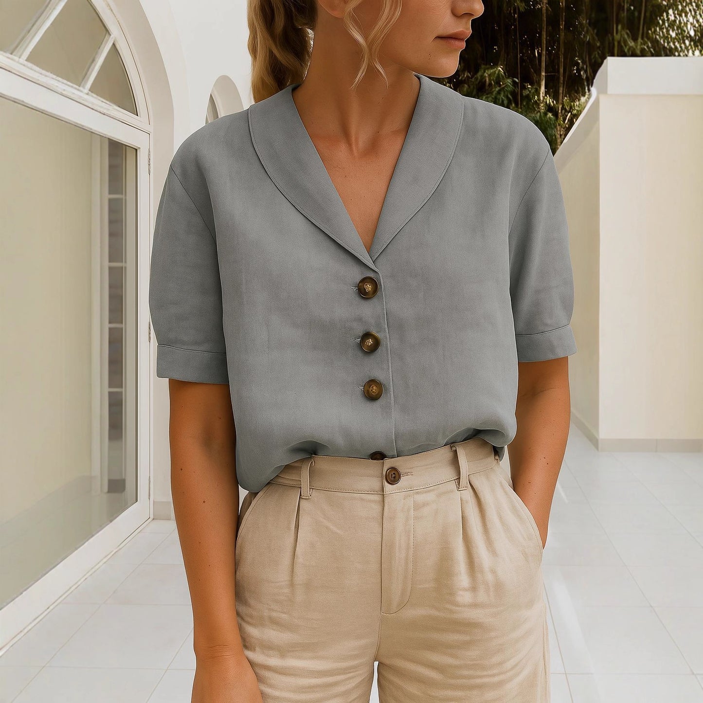 Women's Casual Long Sleeve Cotton Linen Solid Color Blouse
