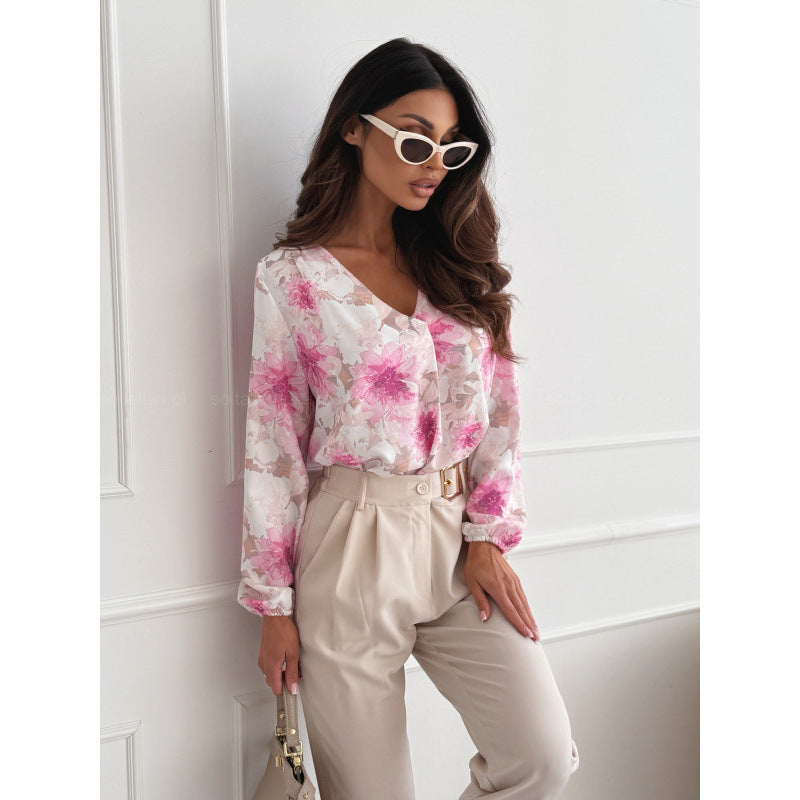 Graceful Creative Women's Simple Printed Long-sleeved Lace Shirt, Chiffon Shirt