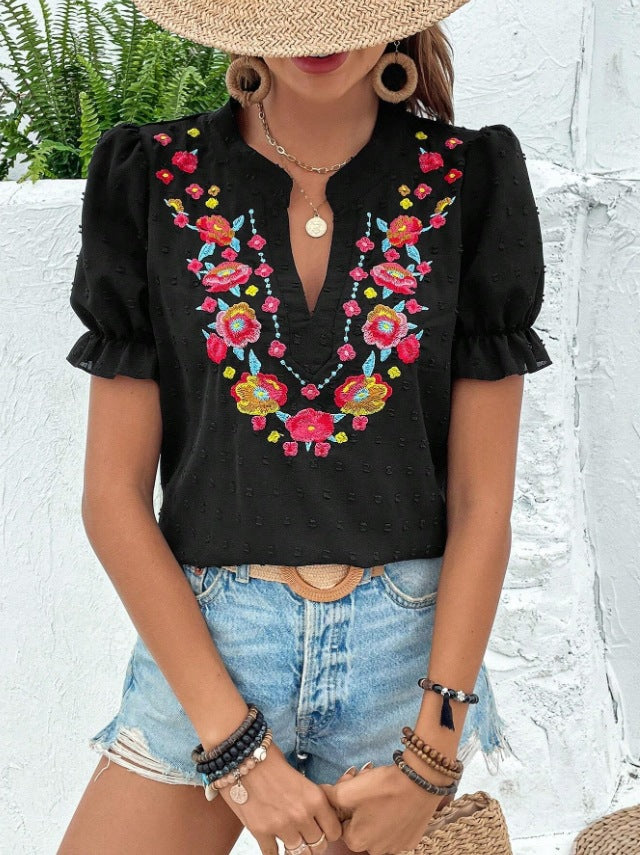 Attractive Women's Floral Embroidered Puff Sleeve Shorts