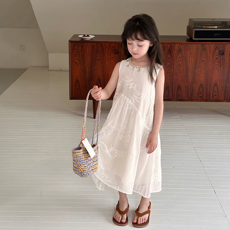 Children's Western Style Vacation White Summer Mid-length Children's Dress