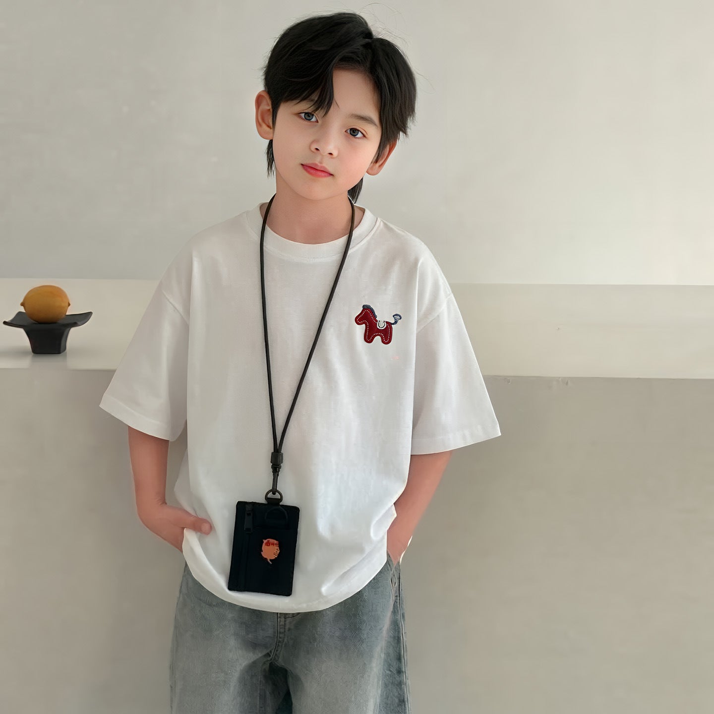 Children's Short-sleeved Korean Style Loose Cotton Fashionable Medium Big White Children's T-shirt
