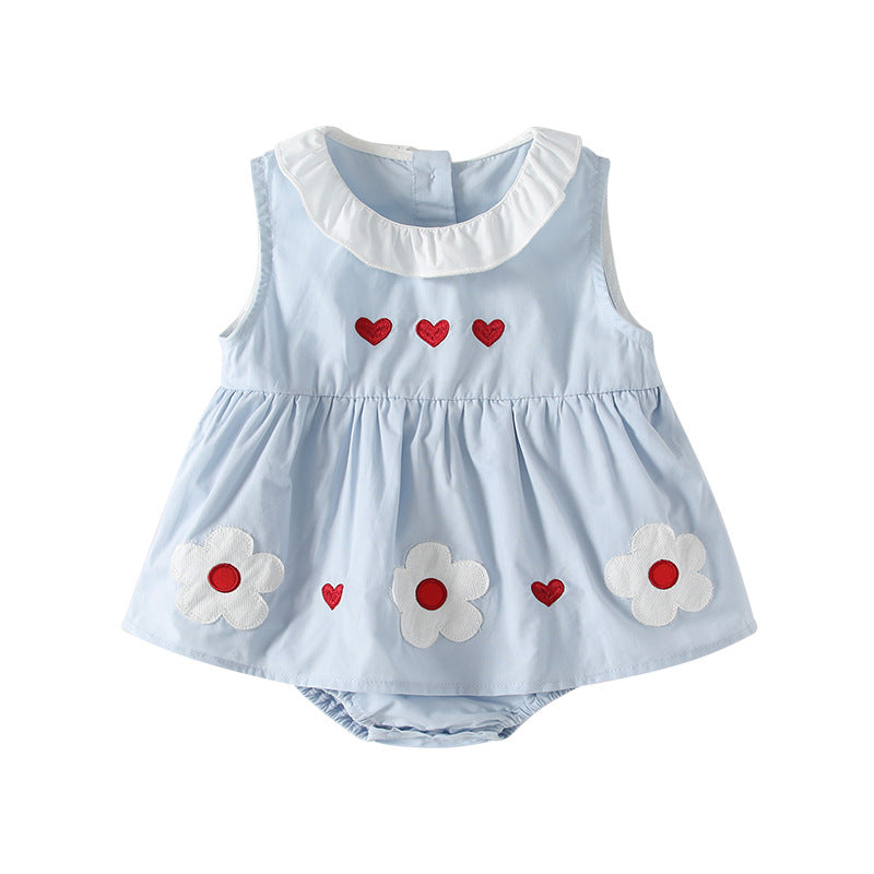 Summer Love Heart Flowers Embroidered Thin Lace Collar Children's Dress