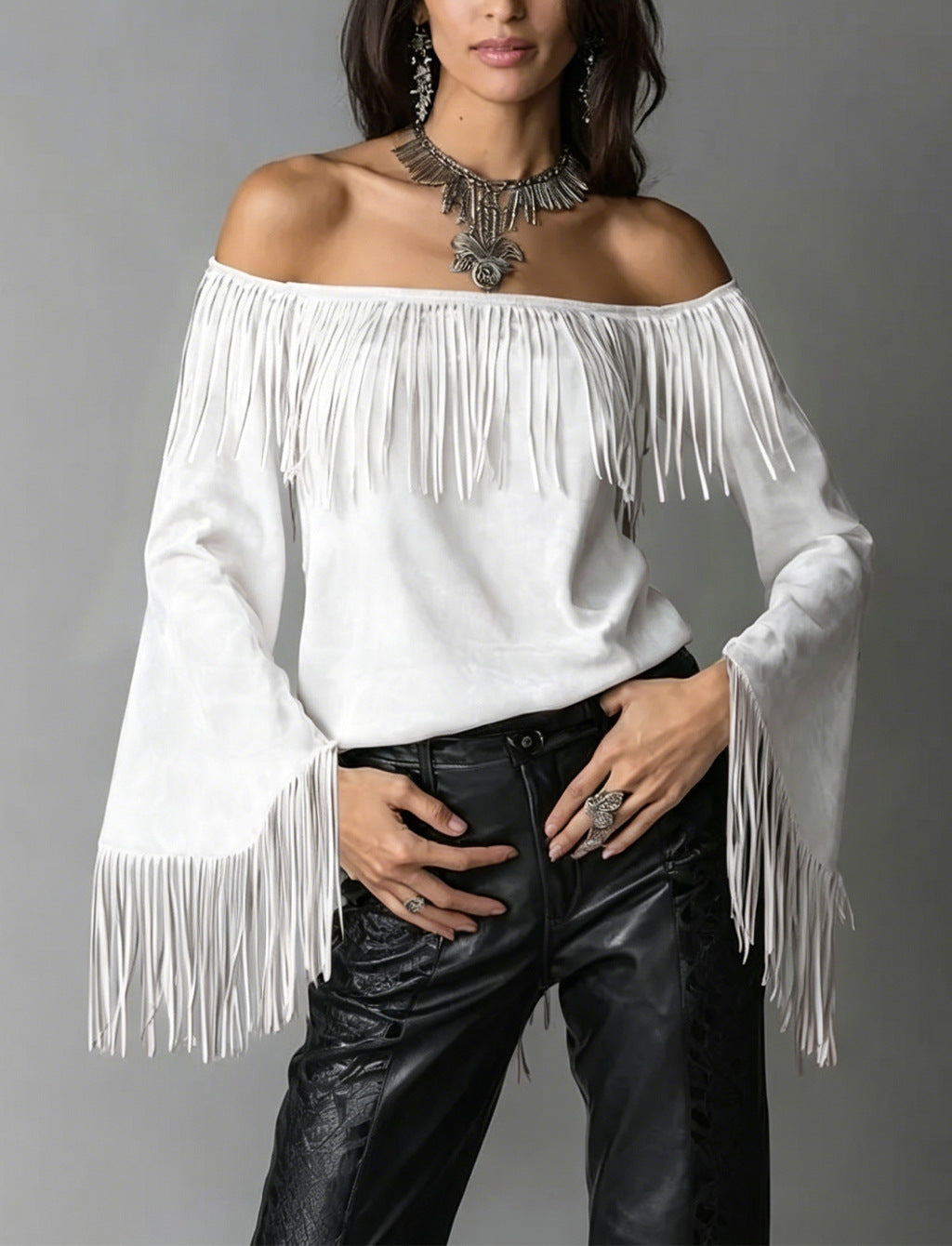 Women's Retro Tassel Suede Flared Long Sleeve Western Women's T-shirt