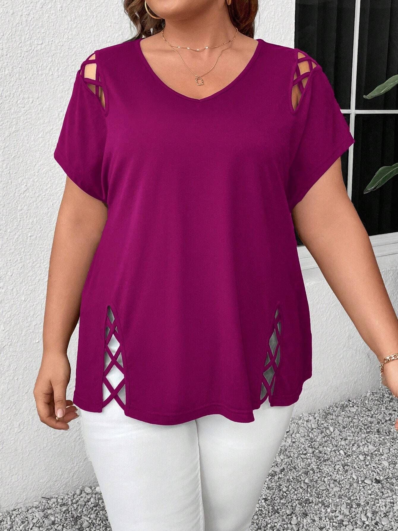 Women's Summer Casual Short-sleeved Shoulder Side Cross Large Size T-shirt