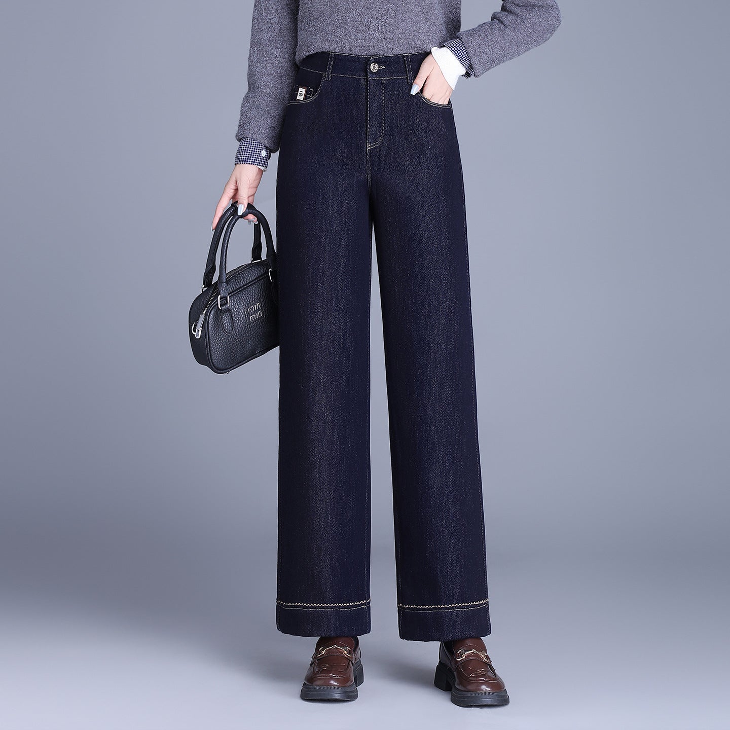 Women's Denim Blue High Waist Veet Thickening Casual Pants