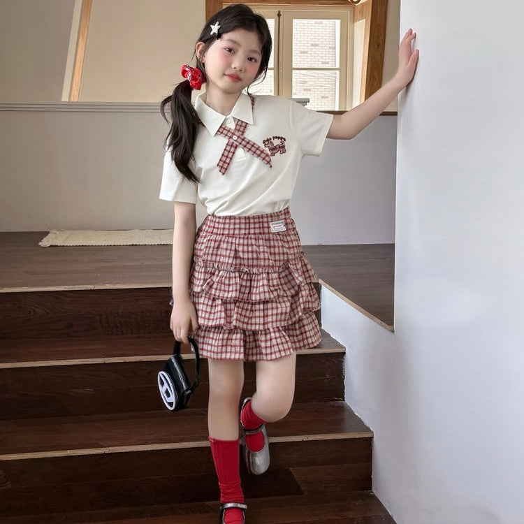 Summer College Plaid Skirt Outfit Tie Collar Short Sleeve T-shirt Children's Suit