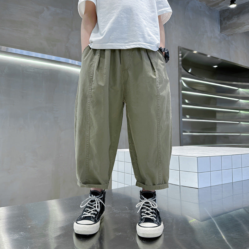 Pure Cotton Ankle Length Cargo Wear Spring Handsome Thin Children's Pants