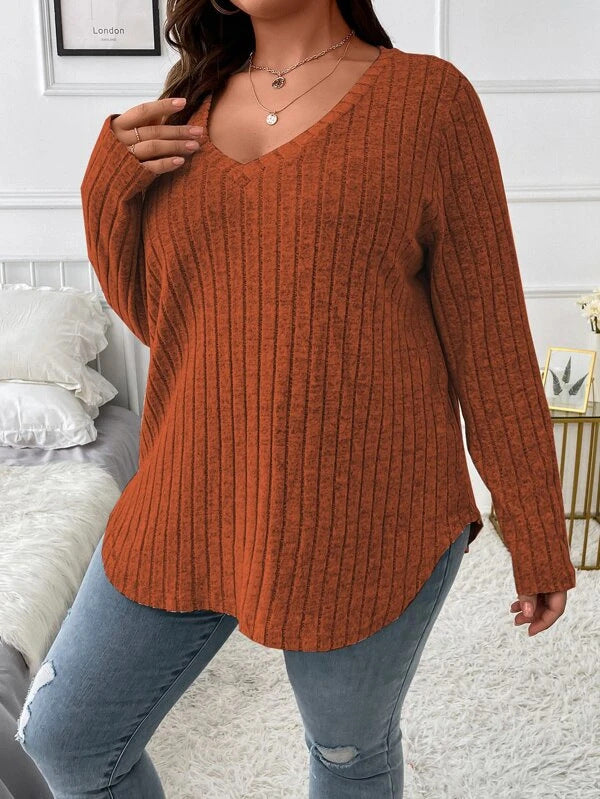 Women's Solid Color Clothes Long Sleeve Sunken Stripe Brushed Loose Tops