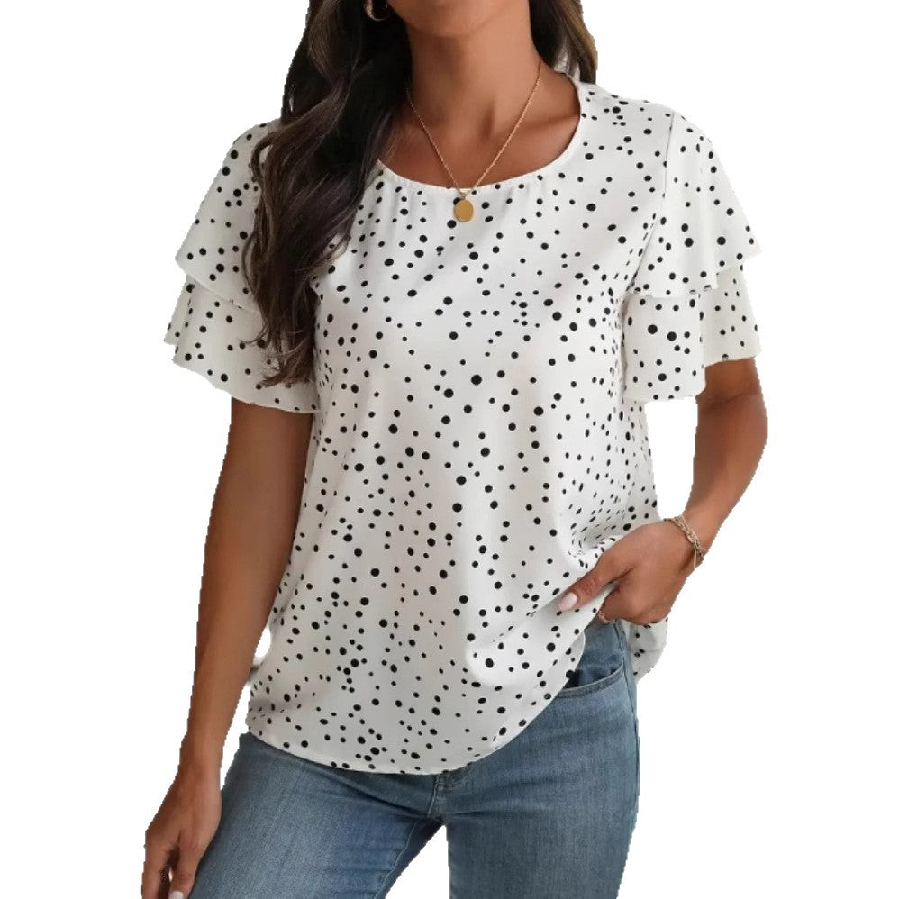 Women's Summer Princess Sleeves Polka Dot Printed Large Size T-shirt
