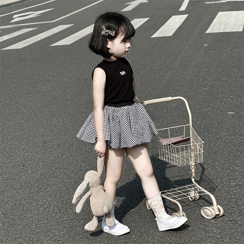 Children's Summer Letters Vest Plaid Cloud Bud Skirt Pants Two-piece Children's Suit