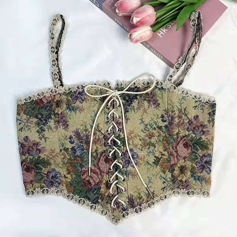 Women's Vintage Floral Camisole Fashionable Outer Wear Jacquard Embroidery Shorts
