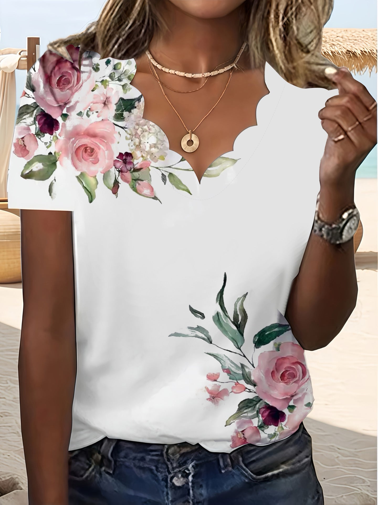 Slouchy Women's Summer Floral Wave Sleeve Large Size T-shirt