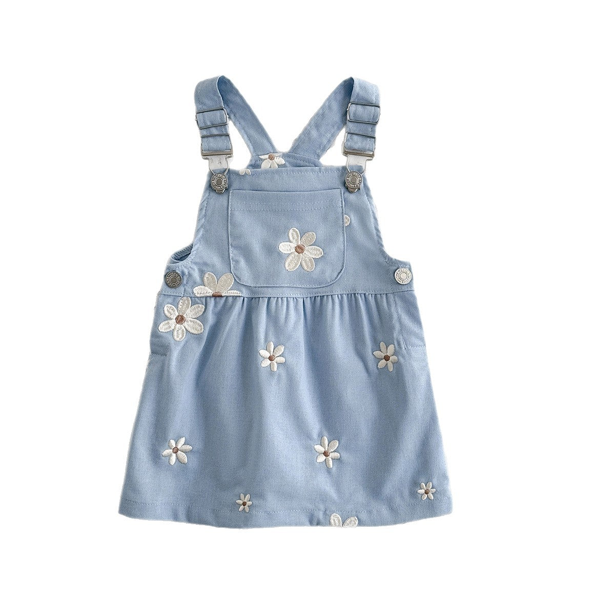 Cute Floral Embroidered Suspender Blue Princess Style Loose Children's Dress