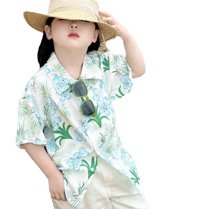 Children's Sleeve Shirt Suit Summer Flower Print Loose Design Niche Medium Parent-child Outfit