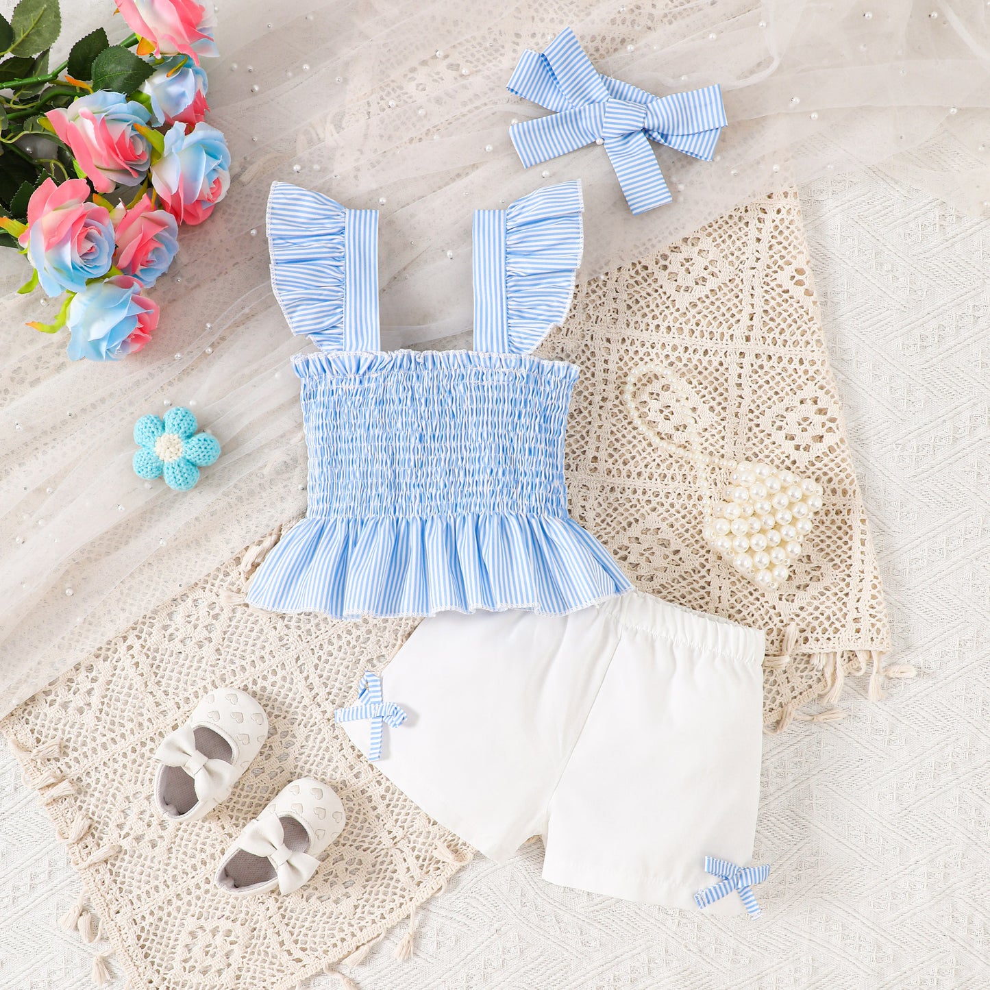 Set Three-piece Striped Smocking Camisole White Children's Suit