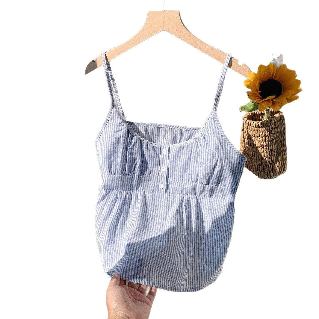 Fashionable Blue Striped Lace Collar Camisole Small Vest/suspenders/tube Top