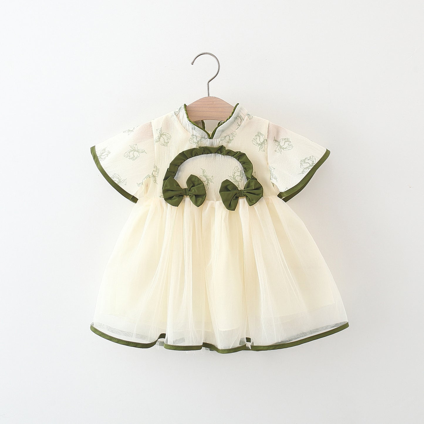 Summer Two Bow Semicircle Mesh Stitching Small Skirt Ancient Children's Dress