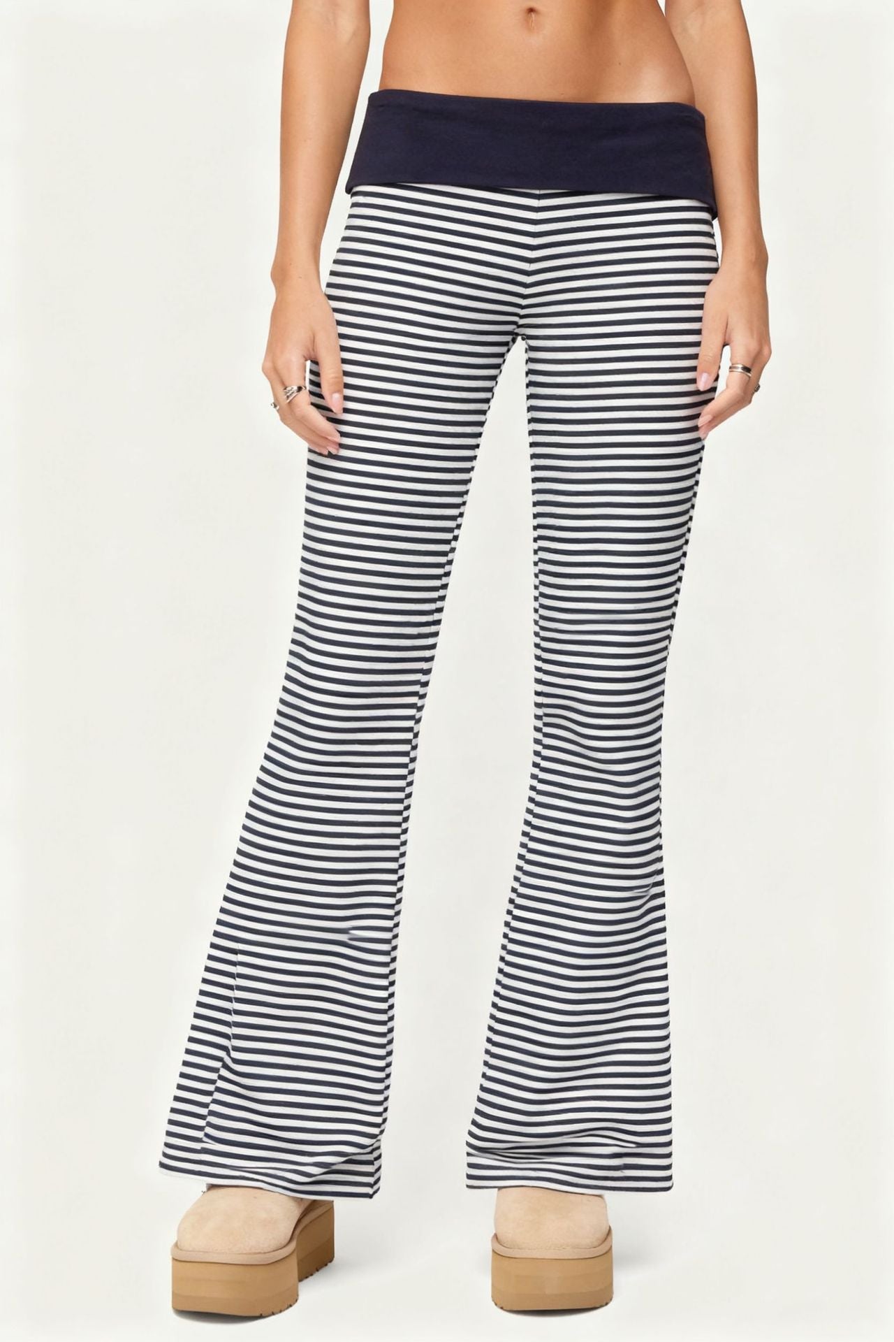 Women's Hot Low Waist Trousers Home Mixed Color Stripe Wide Casual Pants