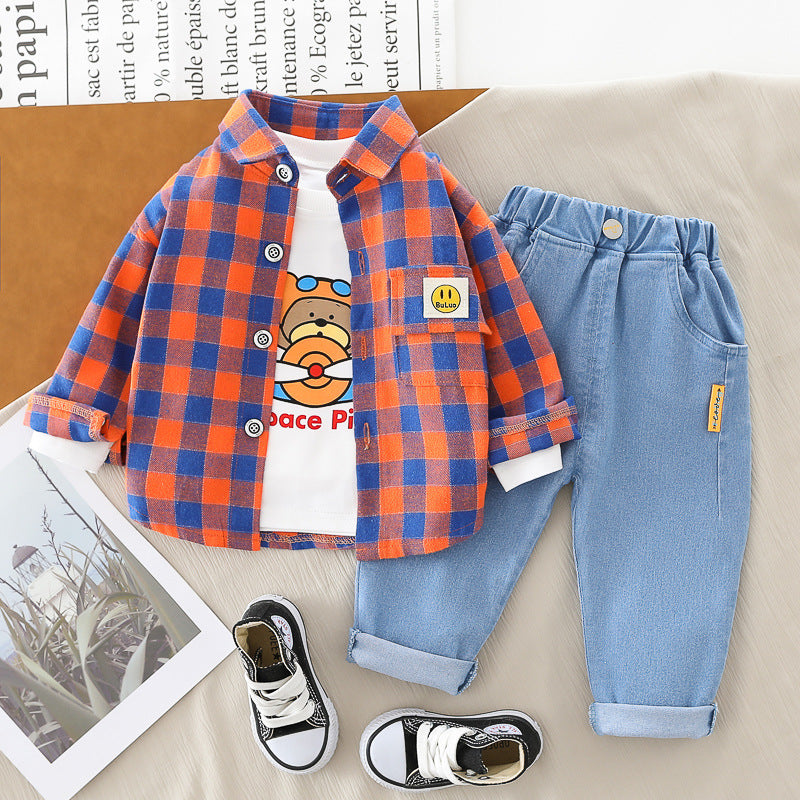 Children's Clothing Plaid Spring Clothes Little Three-piece Children's Suit