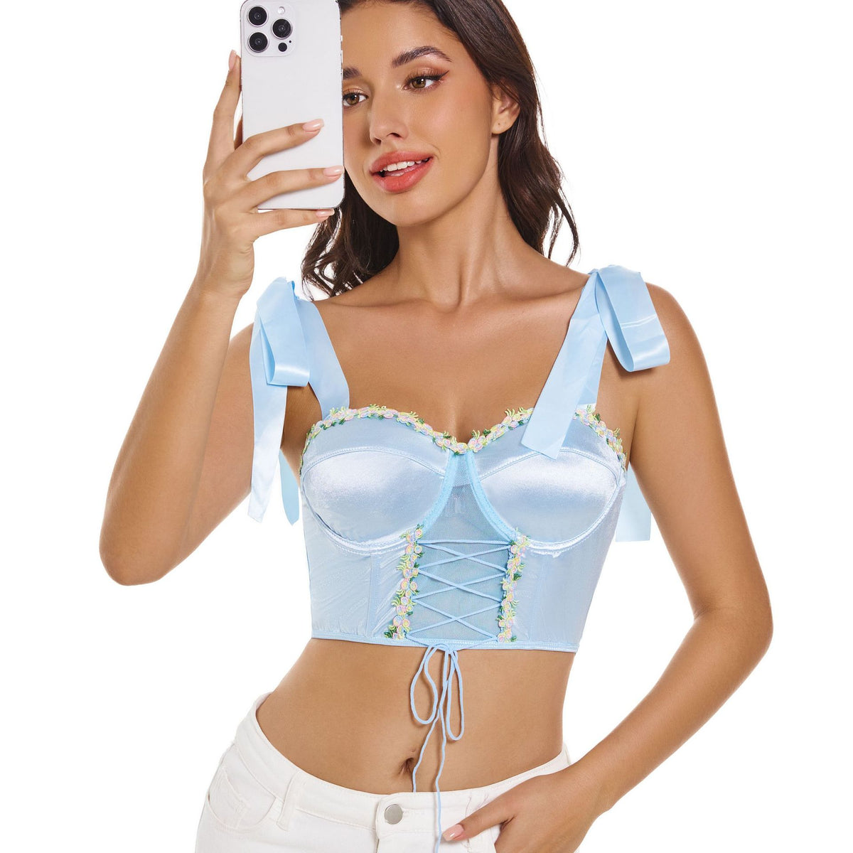 Women's Autumn Solid Color Floral Embroidered Strap Style Trendy Backless Lace Small Vest/suspenders/tube Top