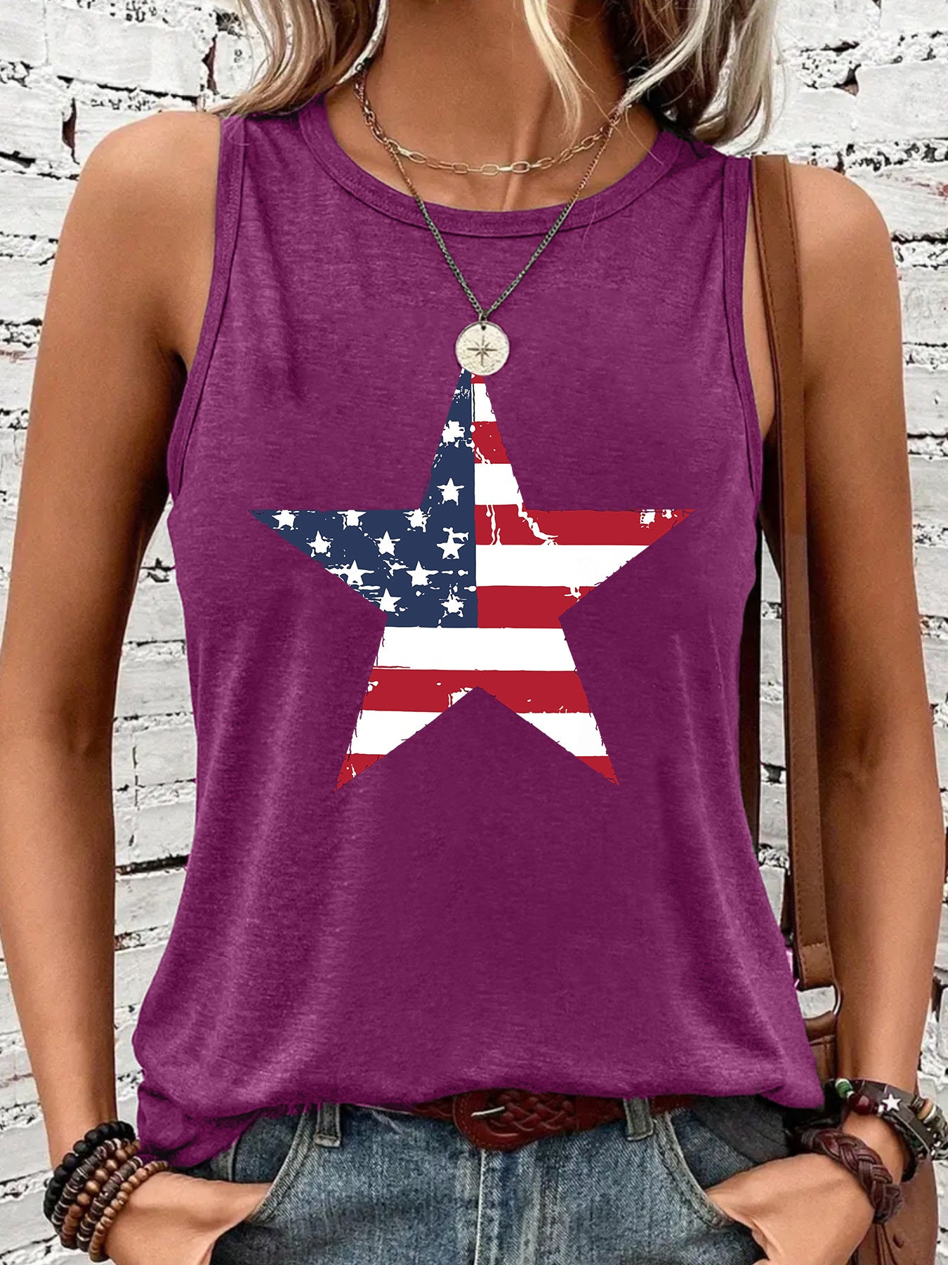 Women's Sleeveless Five-pointed Star Flag Printed Sling Backless Sexy Loose Vests