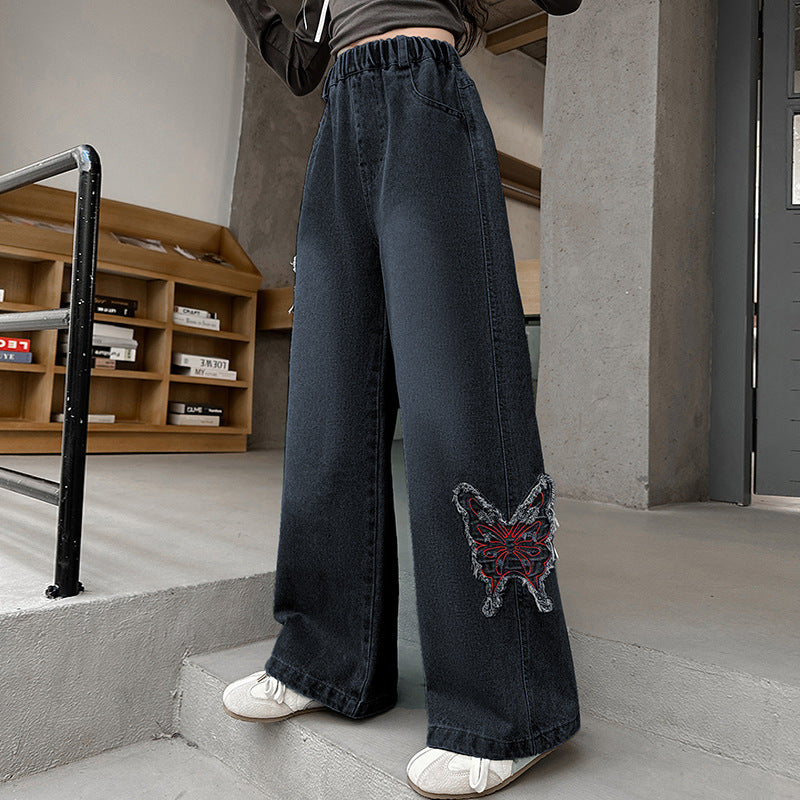 Children's Jeans Big American Butterfly Embroidered Loose Fried Children's Pants