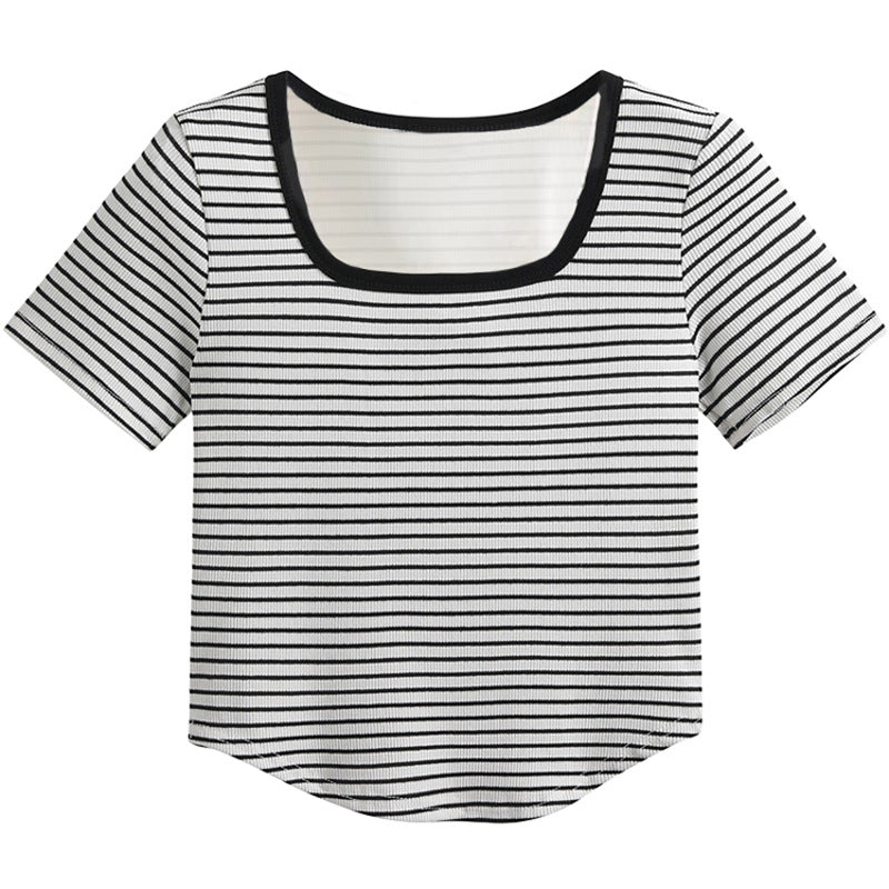 Women's Square Collar Striped Short-sleeved Summer Slim Fit Women's T-shirt