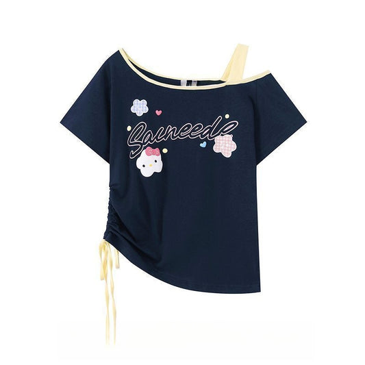Small Teen Sweet Cat Shoulder Top With Short Sleeves Summer Children's T-shirt