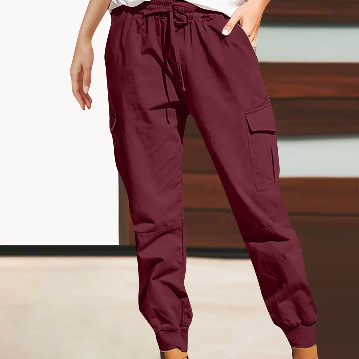 Women's Solid Color Fashion Pocket Cargo High Casual Pants