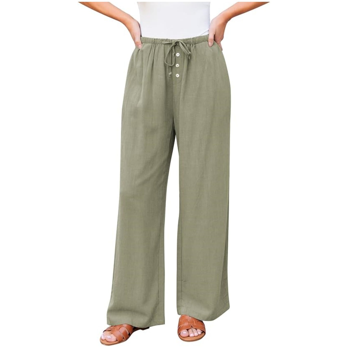 Women's High Waist Comfortable Wide Leg Drawstring Pocket Button Casual Pants