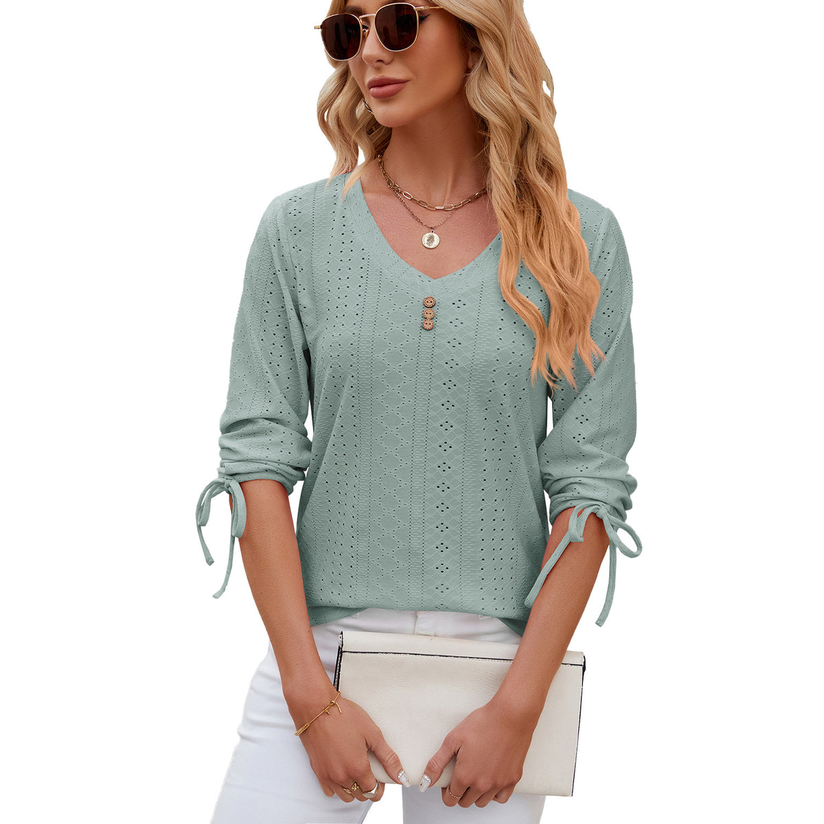 Women's Button Solid Color Half Sleeves Loose-fitting Women's T-shirt