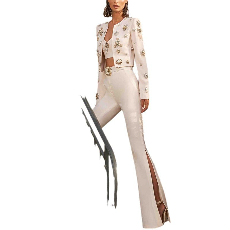 Stylish Round Neck Bead Split Flared Fashion Casual Suit