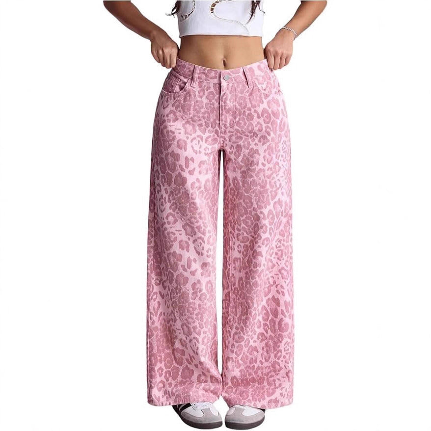 Women's Pink Leopard Summer Fashion Loose Casual Straight Pants