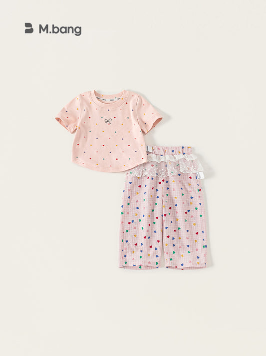 Children's Summer Sweet Polka Dot Short Sleeve Lace Casual Pants Two-piece Children's Suit