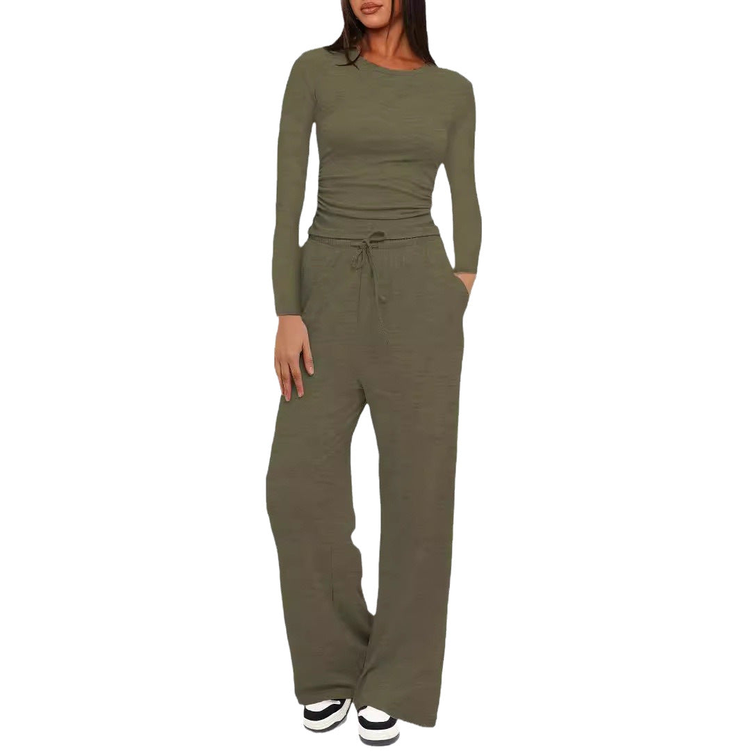 Solid Color Long Sleeves Outfit High Waist Wide Leg Fashion Casual Suit