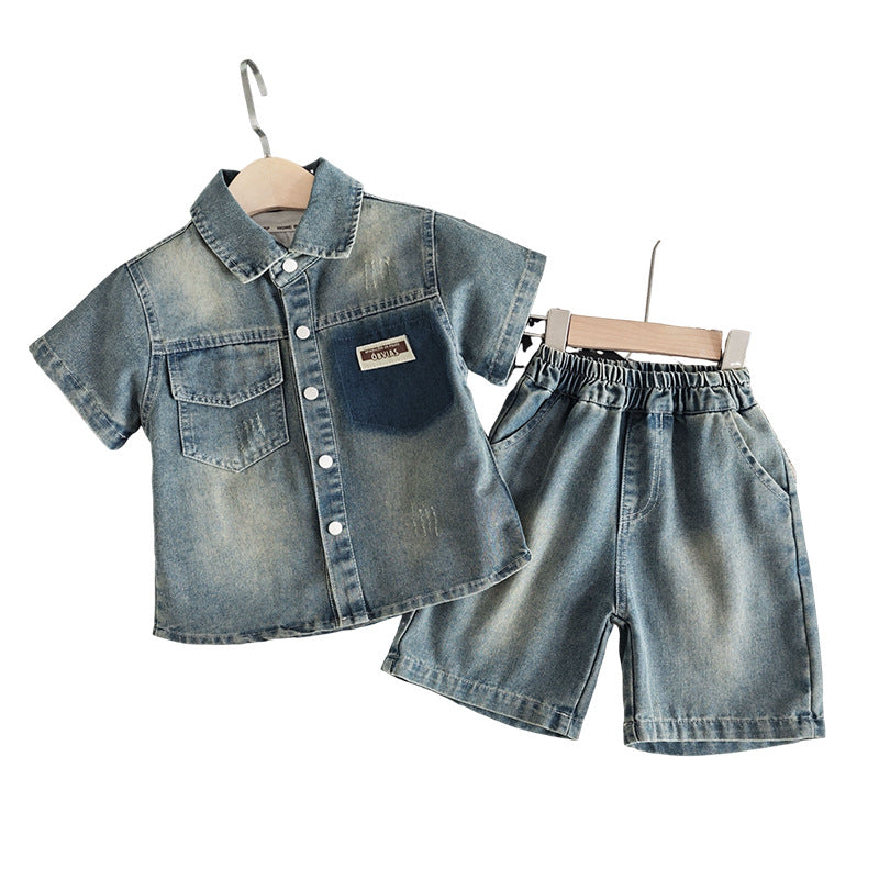 Children's Summer Pocket Labeling Denim Handsome Trendy Two-piece Children's Suit