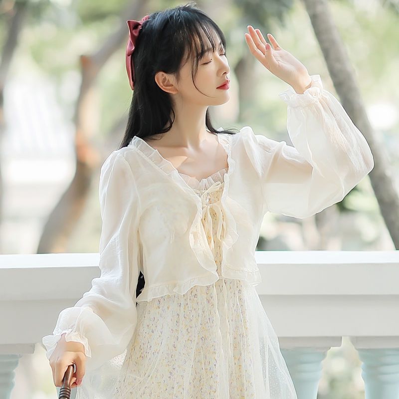 Women's Sun Protection Thin Korean Floral Small Sling Lace Shirt, Chiffon Shirt
