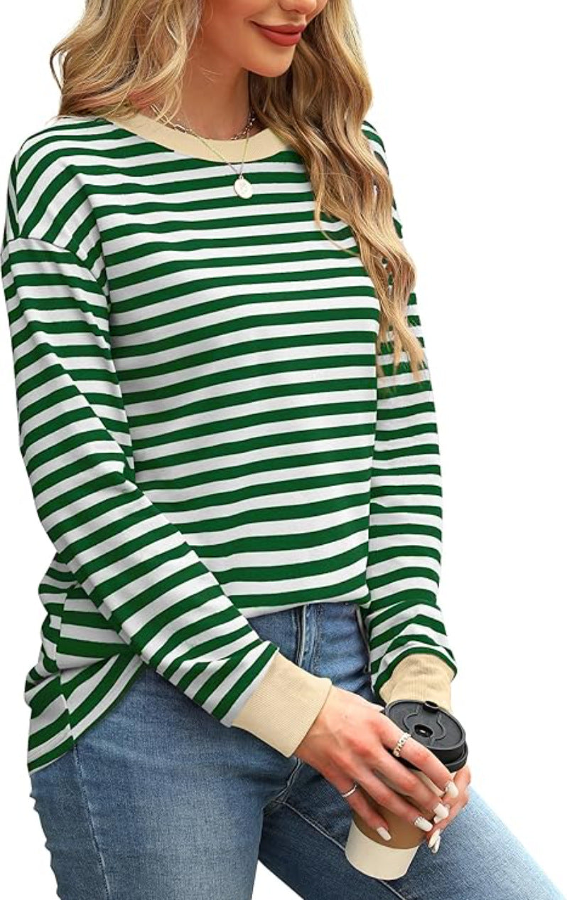 Women's Fashion Color Contrast Loose Round Neck Women's T-shirt
