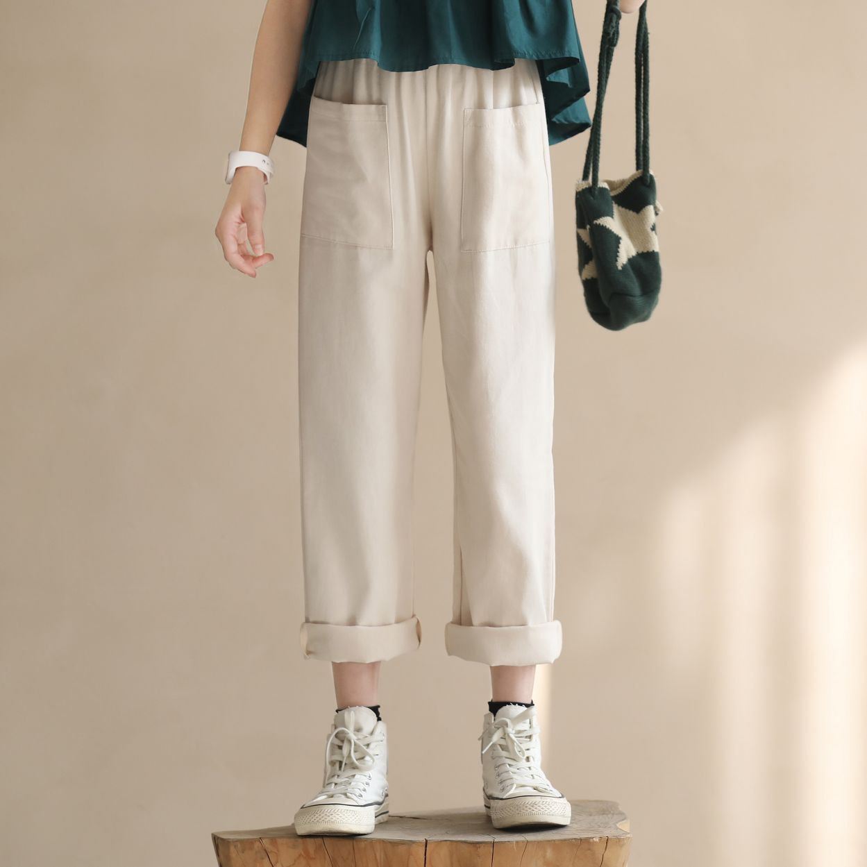 Cropped Summer Double Pocket Curling Daddy Medium Large Children's Pants