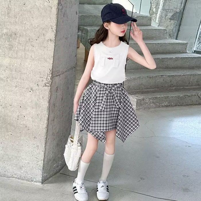 Children's Korean Style Western Skirt Medium Big Summer Short Vest Tartan Children's Suit